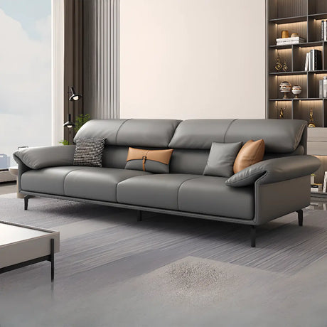 Grey Leather Four Seater Wood Frame Reception Sofa Image - 1