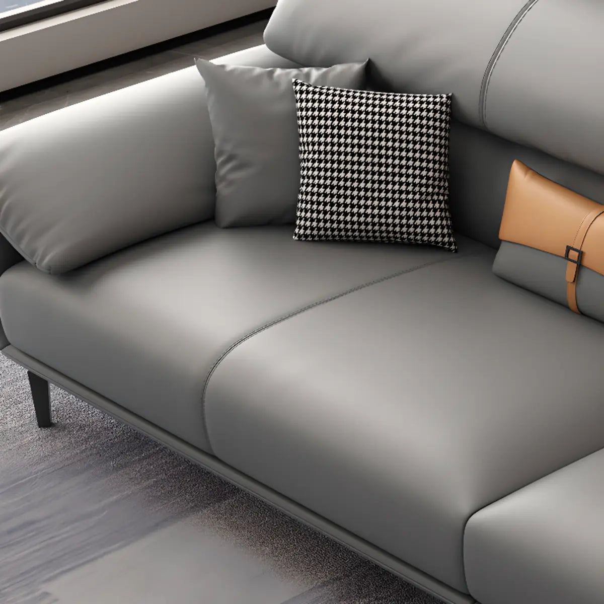 Grey Leather Four Seater Wood Frame Reception Sofa Image - 12