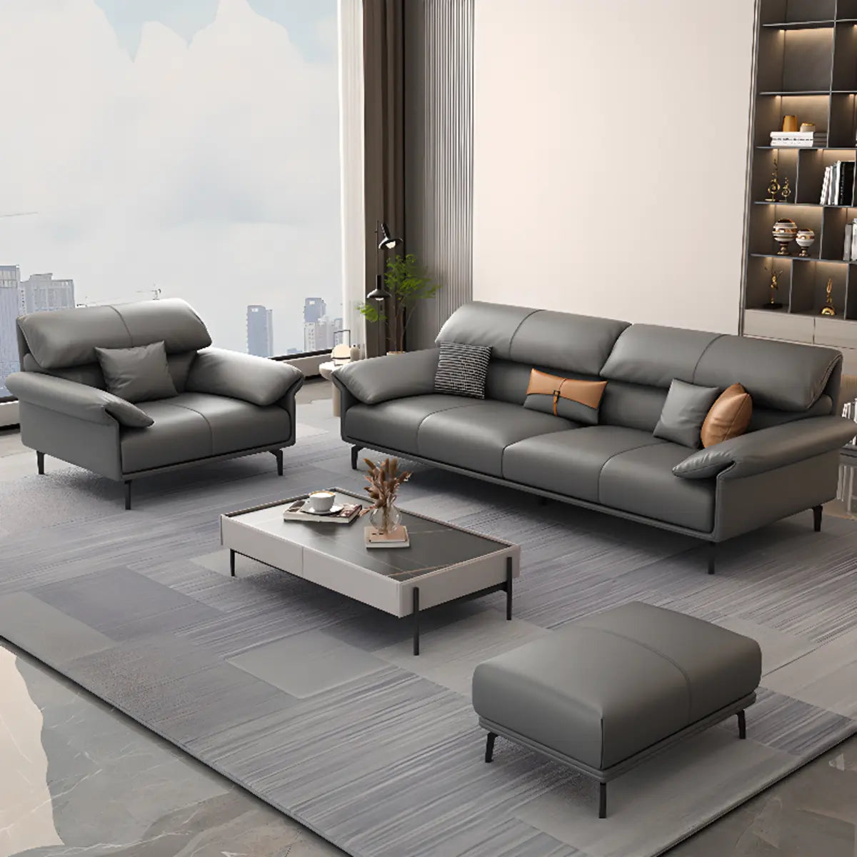 Grey Leather Four Seater Wood Frame Reception Sofa Image - 4