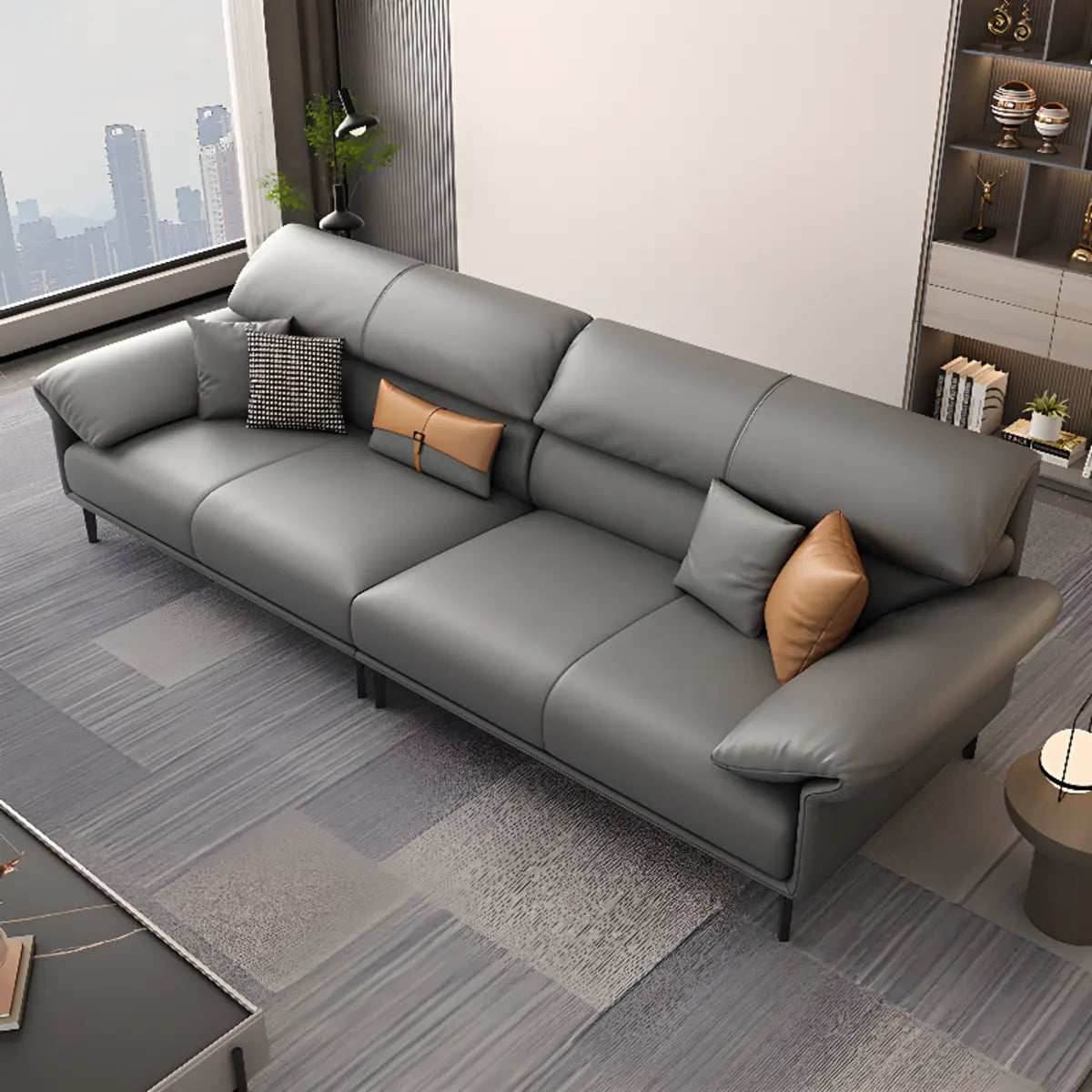 Grey Leather Four Seater Wood Frame Reception Sofa Image - 6