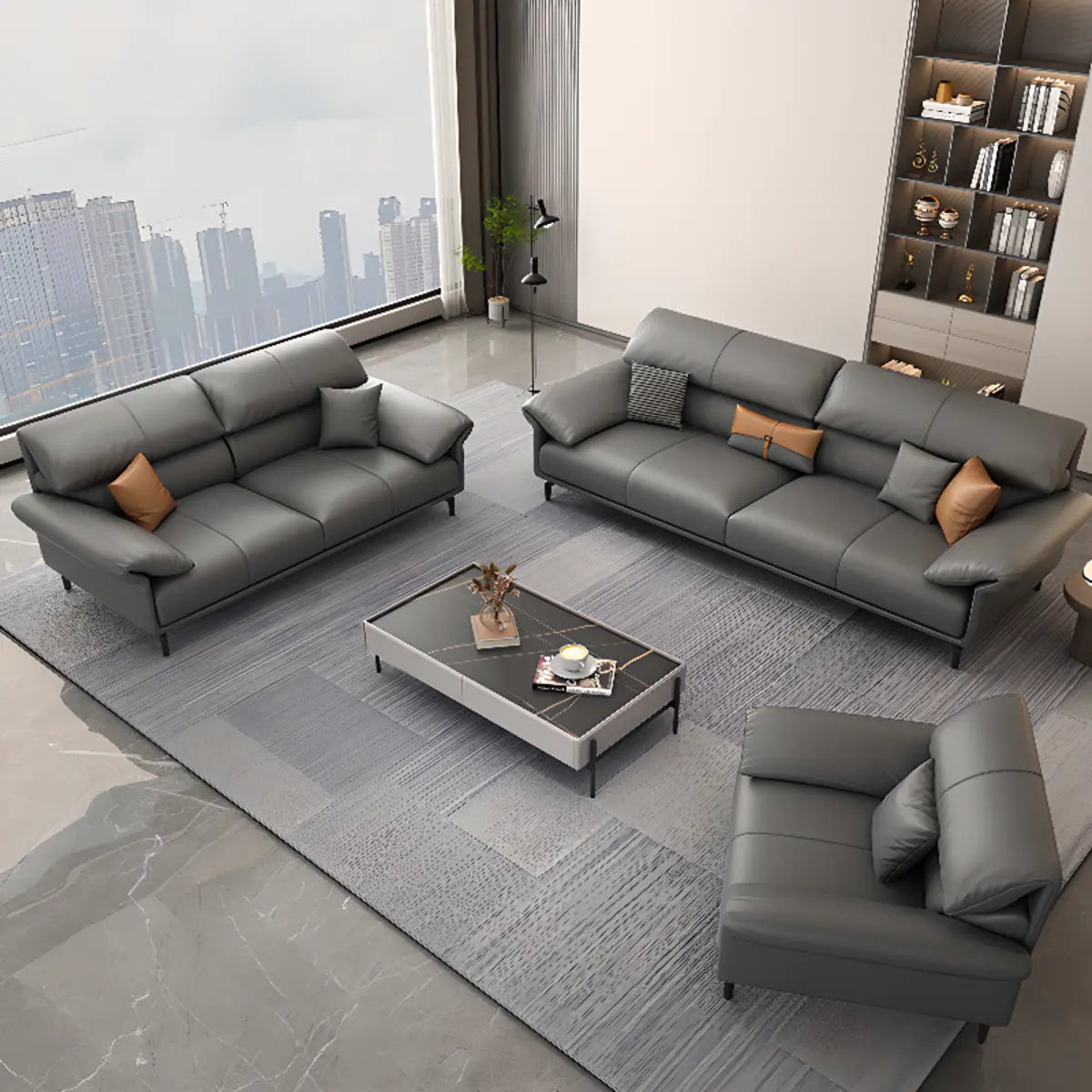 Grey Leather Four Seater Wood Frame Reception Sofa Image - 8
