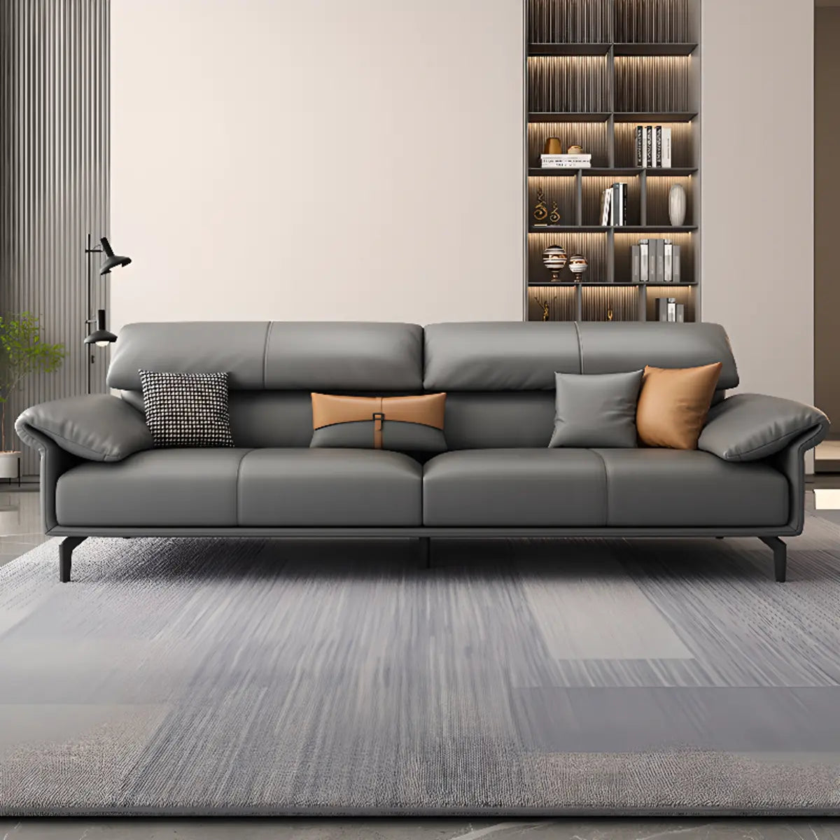 Grey Leather Four Seater Wood Frame Reception Sofa Image - 9