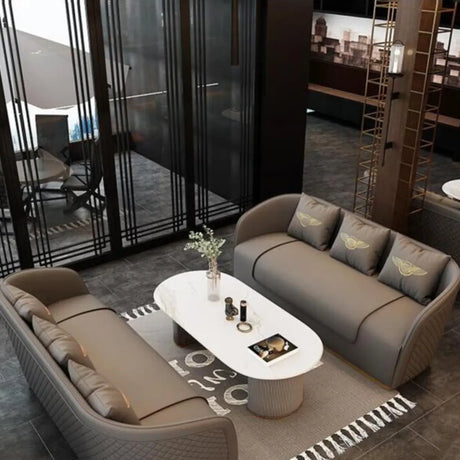 Grey Leather Metal Frame 3-Seater Sofa with Side Table Image - 1
