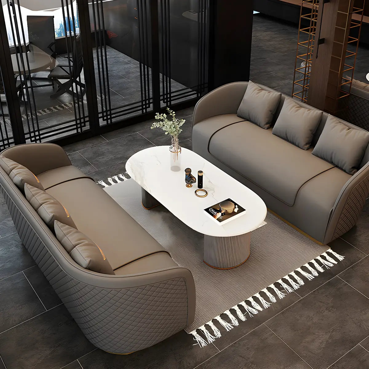Grey Leather Metal Frame 3-Seater Sofa with Side Table Image - 16
