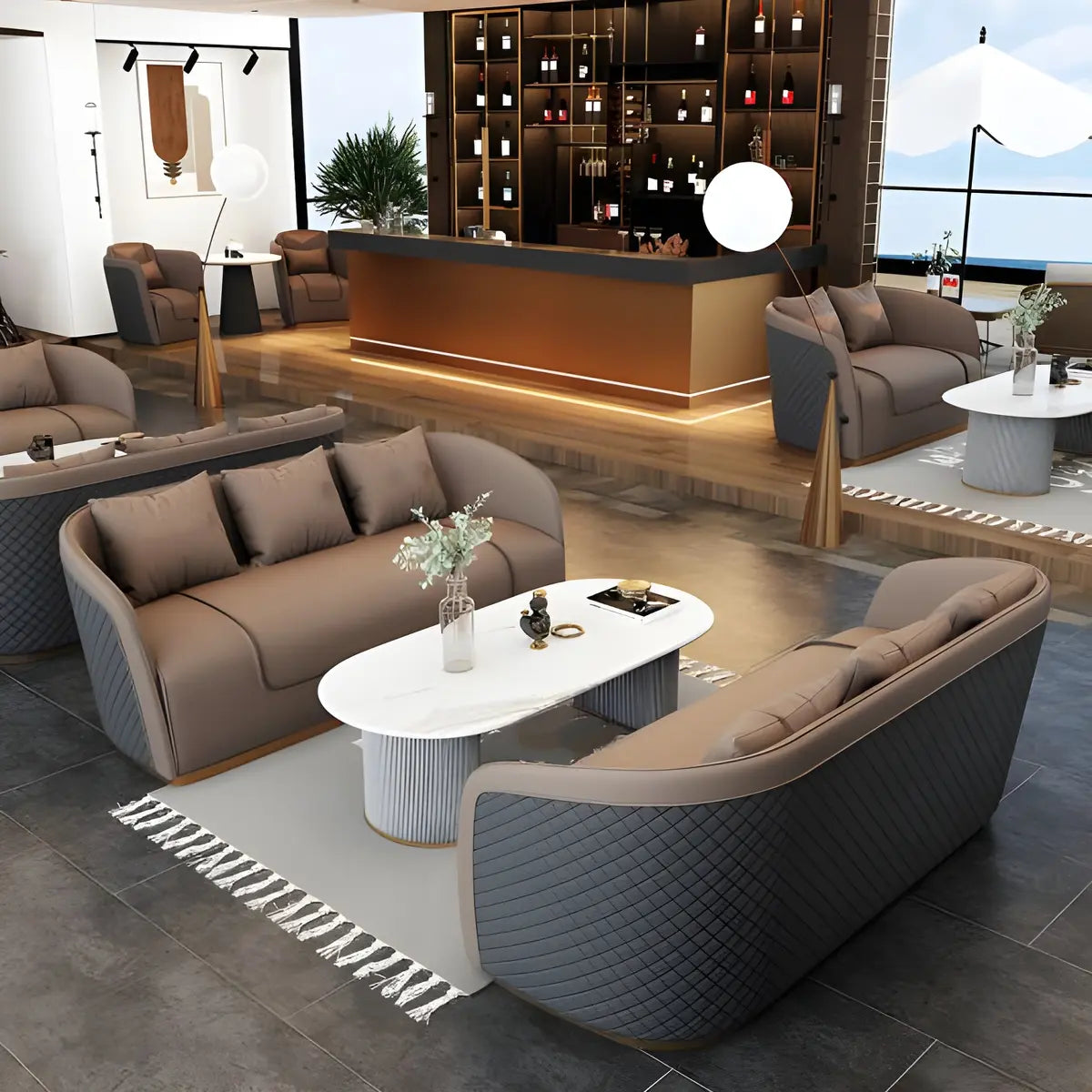 Grey Leather Metal Frame 3-Seater Sofa with Side Table Image - 18