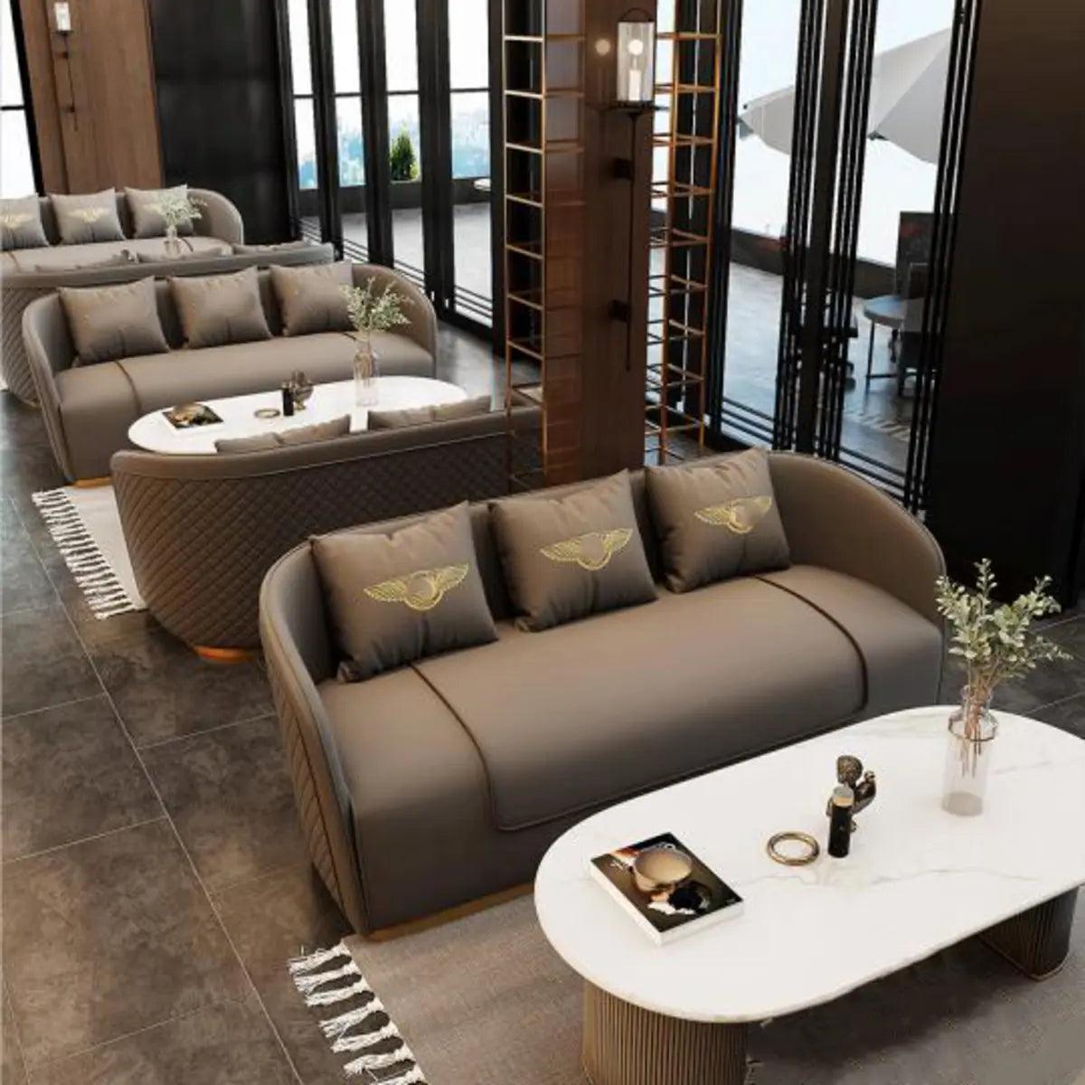 Grey Leather Metal Frame 3-Seater Sofa with Side Table Image - 6