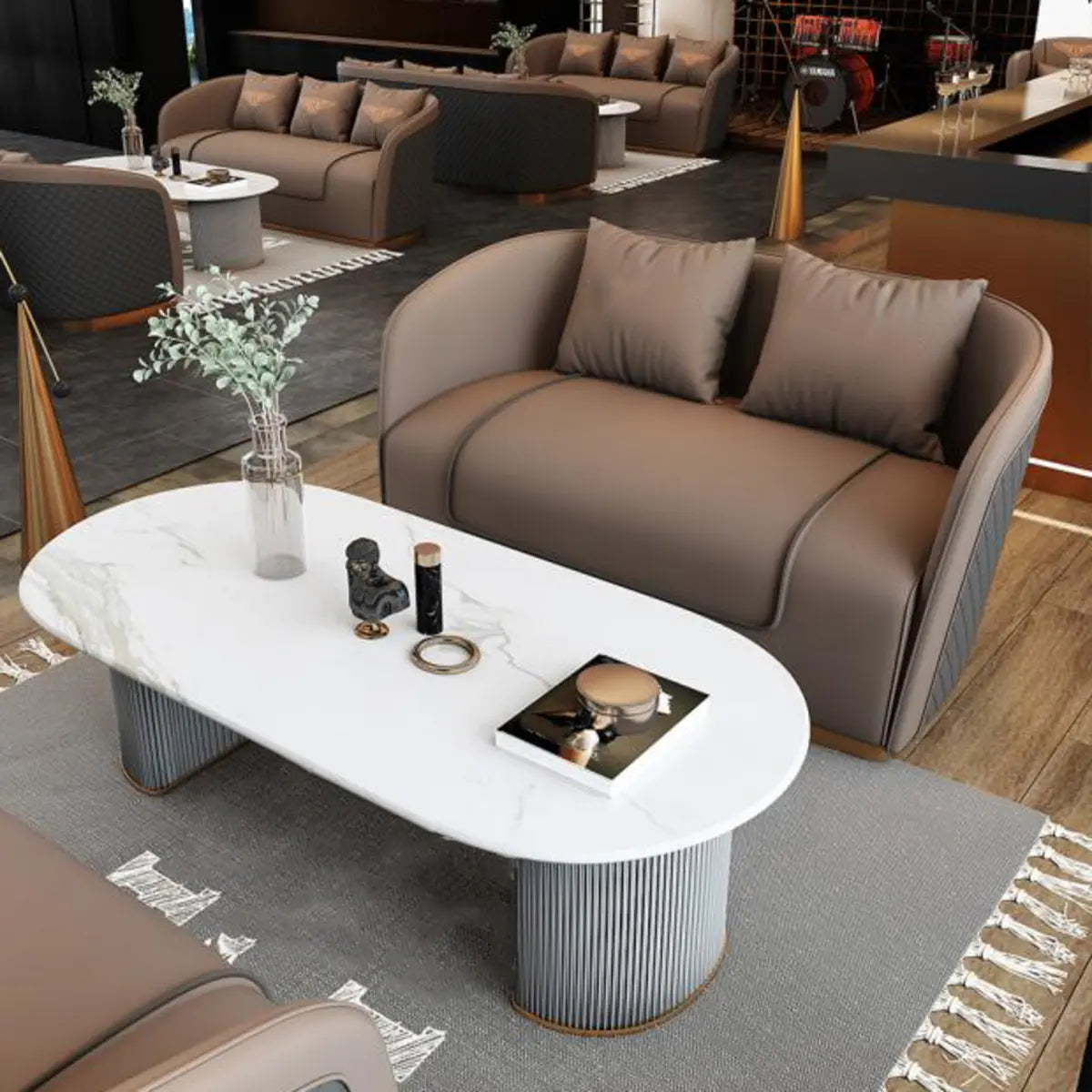 Grey Leather Metal Frame 3-Seater Sofa with Side Table Image - 7