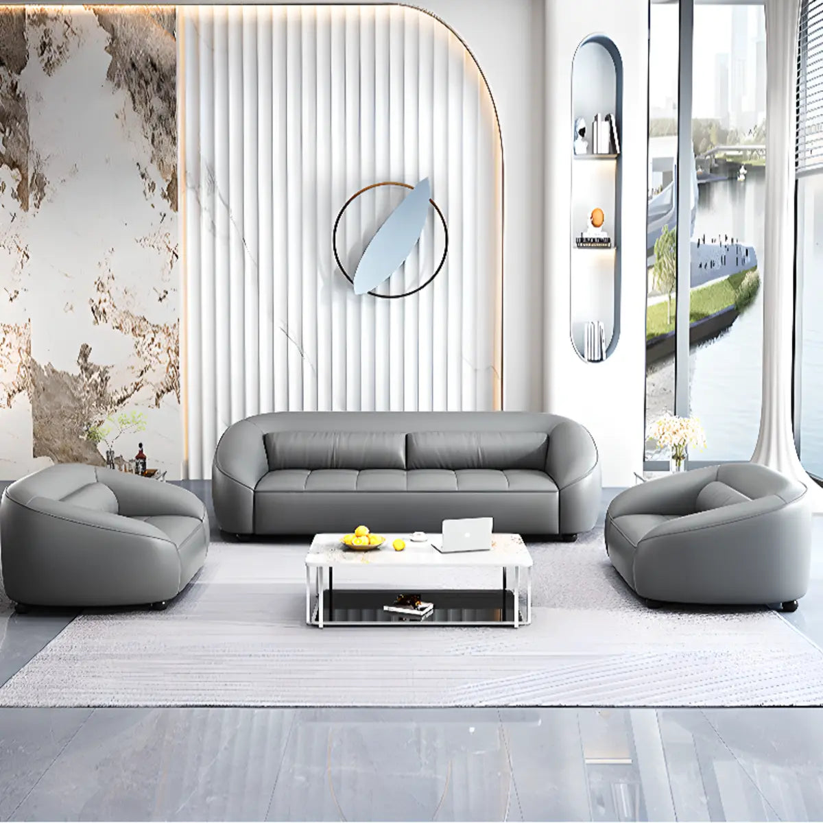 Grey Leather Upholstered Back Reception Sofa with Arms Image - 6
