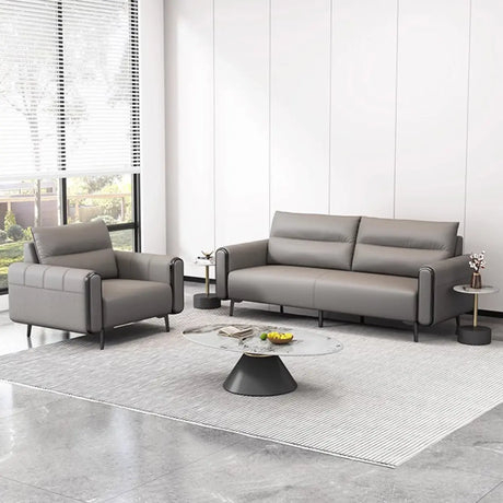 Grey Leather Wood Frame Reception Sofa with Black Legs Image - 2