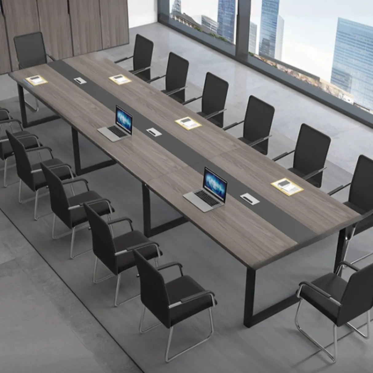 Grey Long Wooden Multi-personal Conference Desk Image - 3