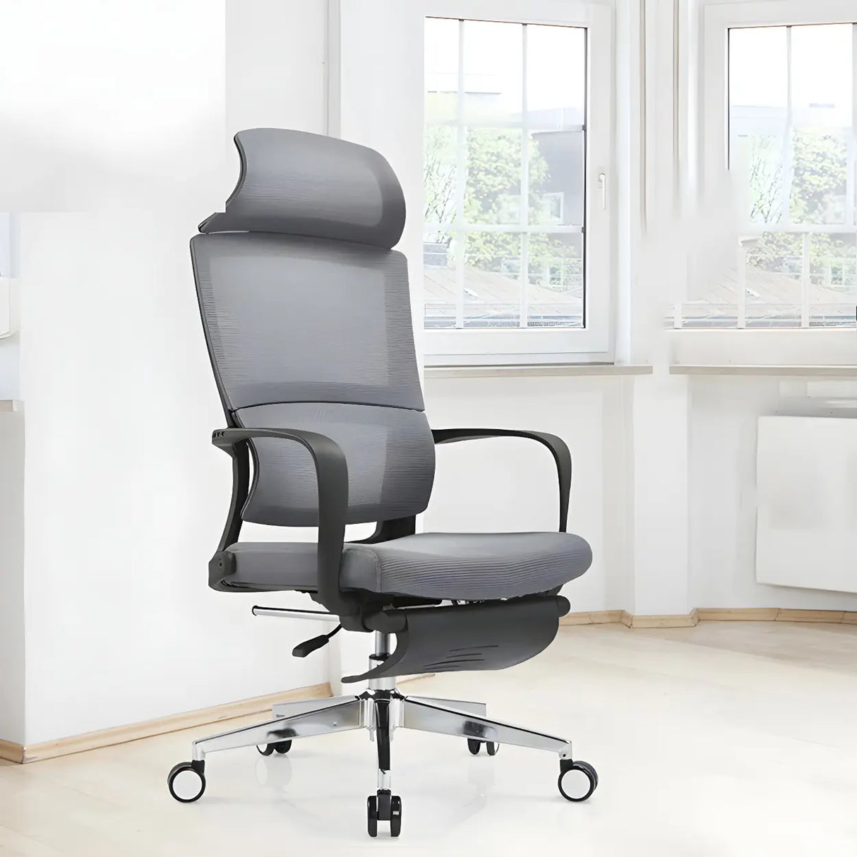 Grey Modern Ergonomic Swivel Office Chair with Footrest Image - 6