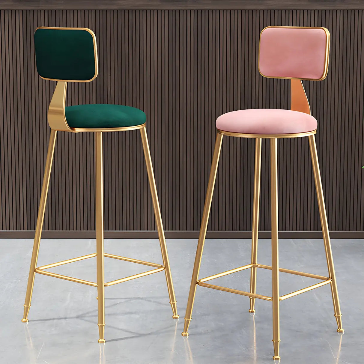 Grey Modern Gold Iron Velvet Tall Bar Stool with Cushion Image - 17