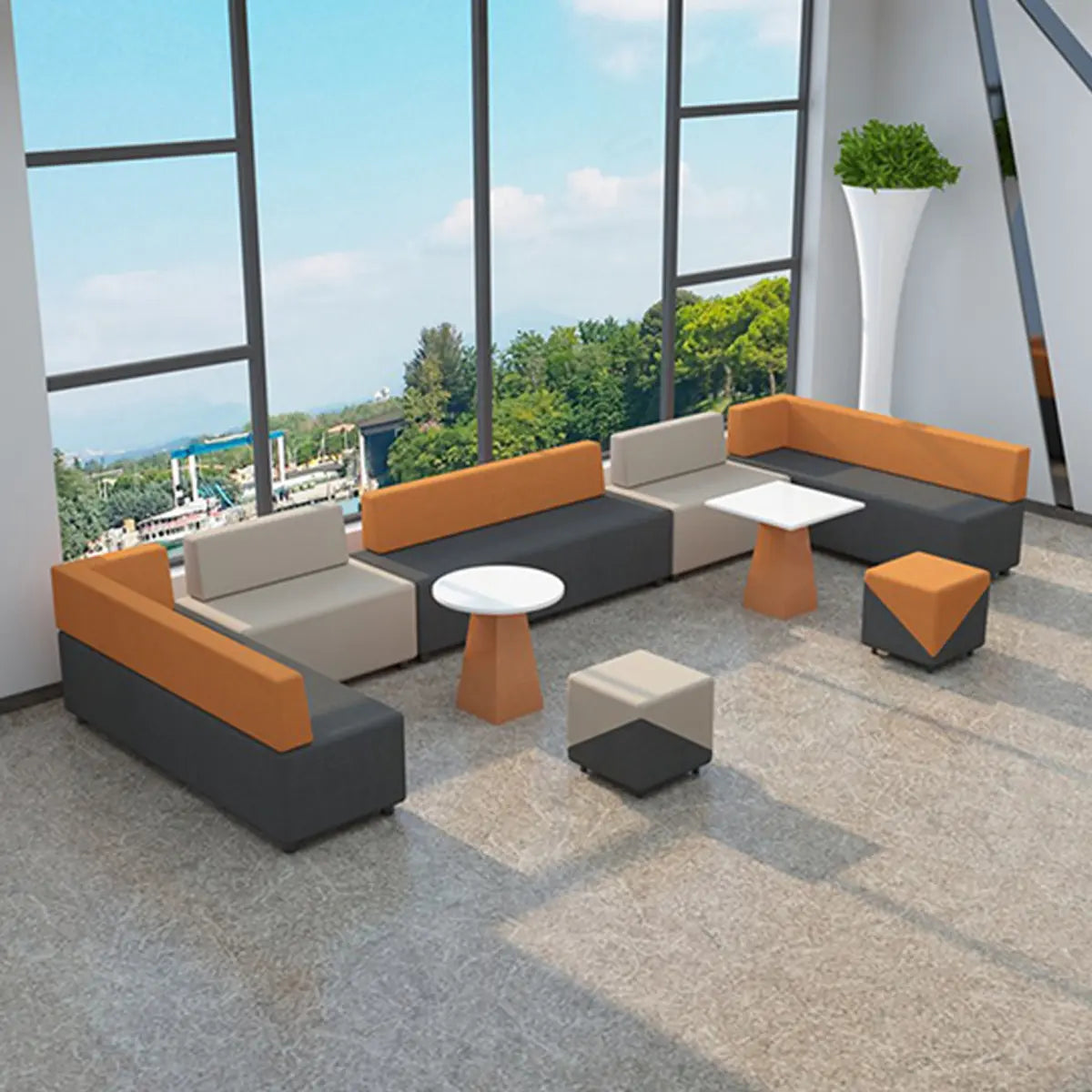 Grey Orange Fade Resistant Faux Leather Reception Sofa Image - 1