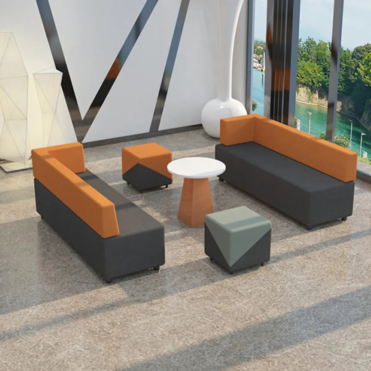 Grey Orange Fade Resistant Faux Leather Reception Sofa Image - 16