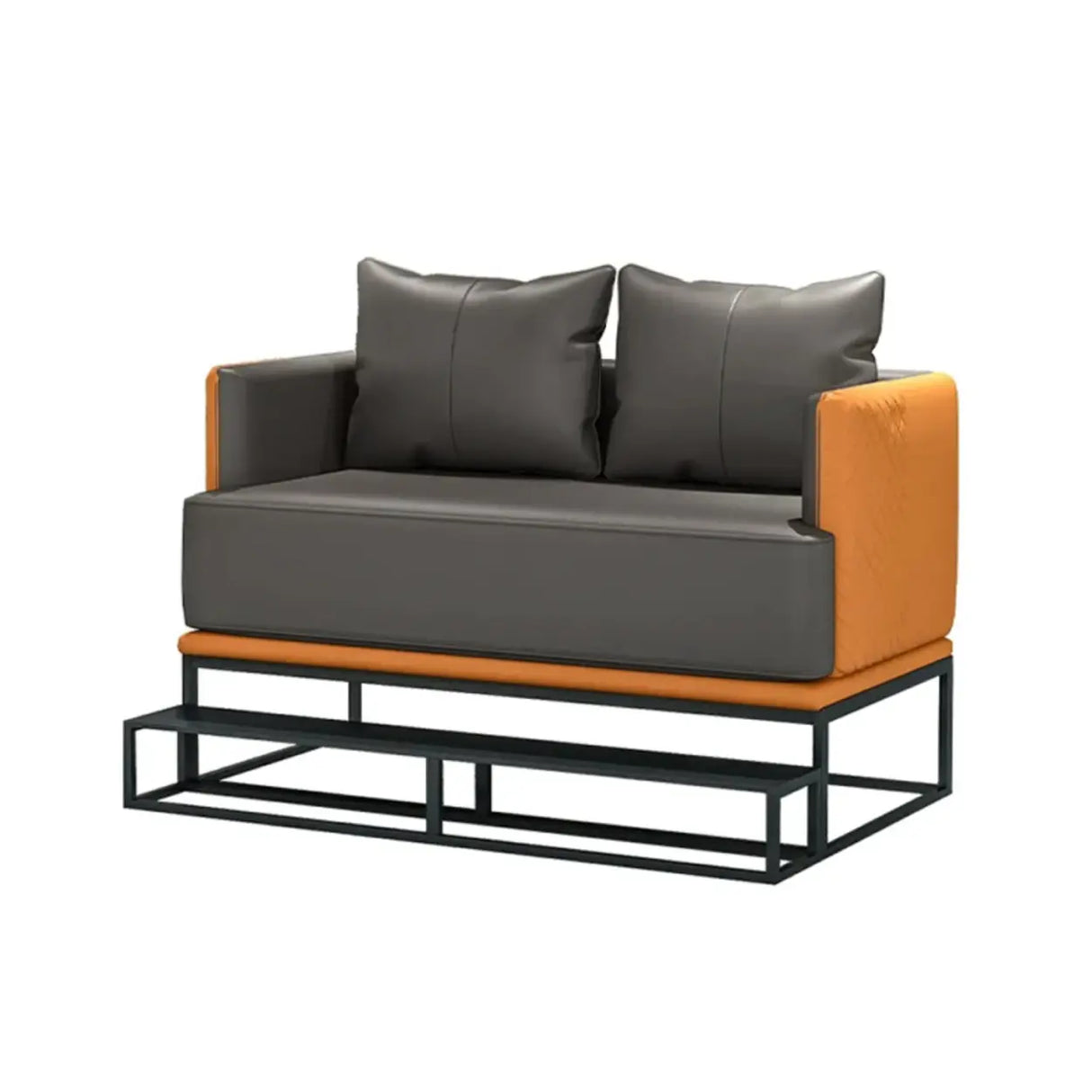 Grey Orange Leather Sewn Pillow Back Loveseat with Arms Image - 8