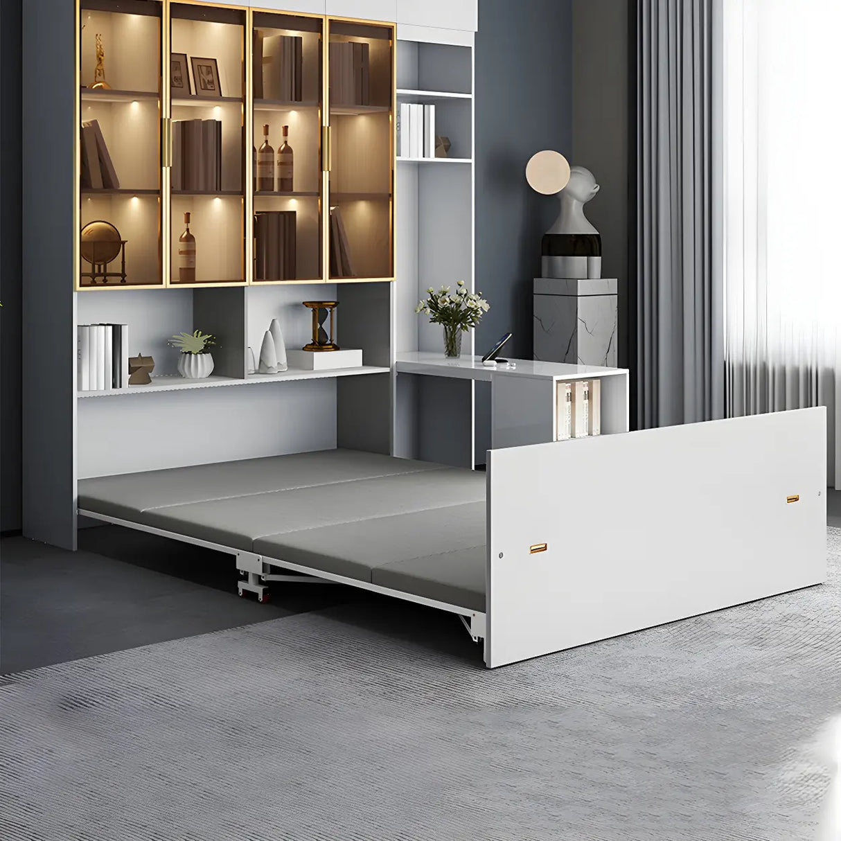 Grey Queen Convertible Metal Folding Bed with Mattress Image - 1