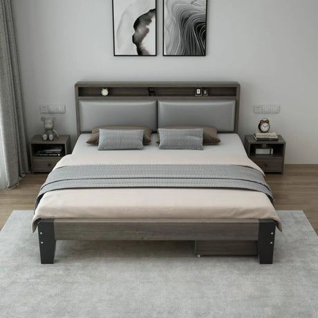 Grey Queen Headboard Wood Storage Bed with Shelves Image - 1