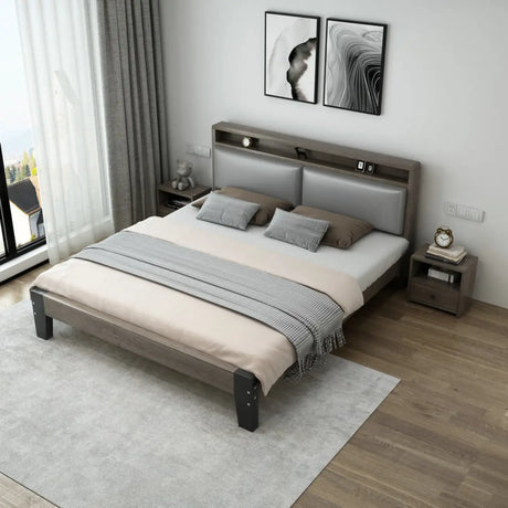Grey Queen Headboard Wood Storage Bed with Shelves Image - 2