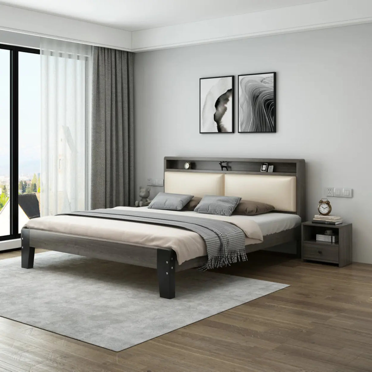 Grey Queen Headboard Wood Storage Bed with Shelves Image - 4