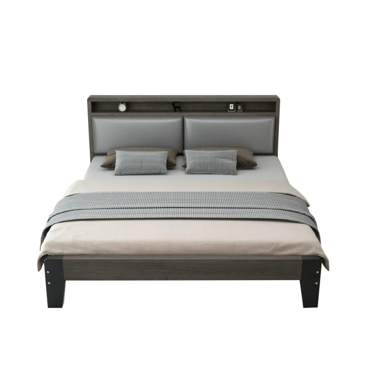 Grey Queen Headboard Wood Storage Bed with Shelves Image - 5