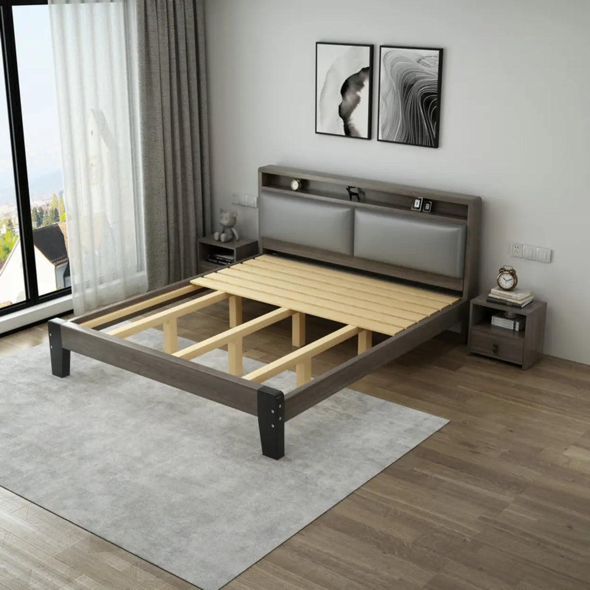 Grey Queen Headboard Wood Storage Bed with Shelves Image - 6