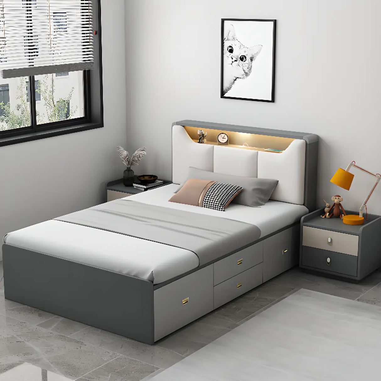Grey Queen Modern Upholstered Storage Bed with Drawers Image - 3