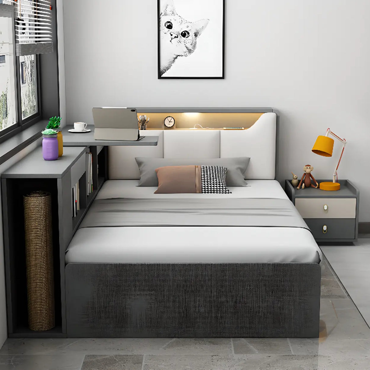 Grey Queen Modern Upholstered Storage Bed with Drawers Image - 4