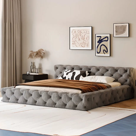 Grey Queen Panel Tufted Upholstered Low Platform Bed Image - 1