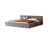 Grey Queen Panel Tufted Upholstered Low Platform Bed Image - 2