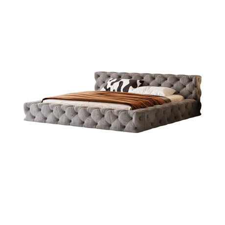 Grey Queen Panel Tufted Upholstered Low Platform Bed Image - 2