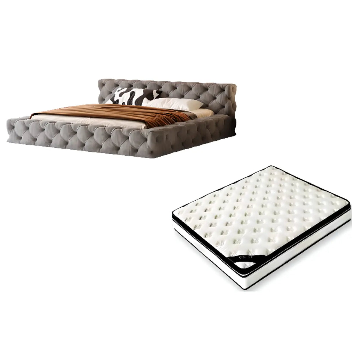 Grey Queen Panel Tufted Upholstered Low Platform Bed Image - 3