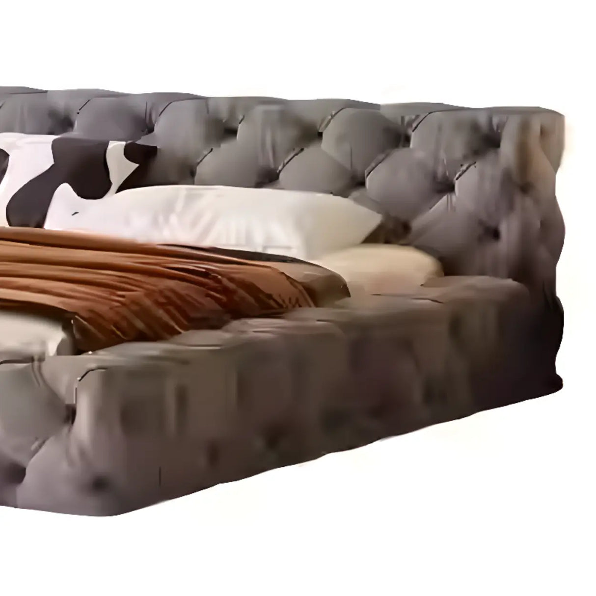 Grey Queen Panel Tufted Upholstered Low Platform Bed Image - 4