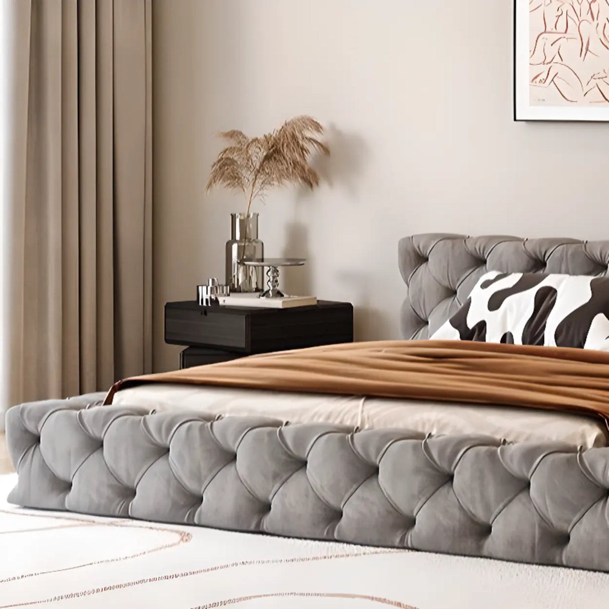 Grey Queen Panel Tufted Upholstered Low Platform Bed Image - 5