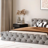 Grey Queen Panel Tufted Upholstered Low Platform Bed Image - 5