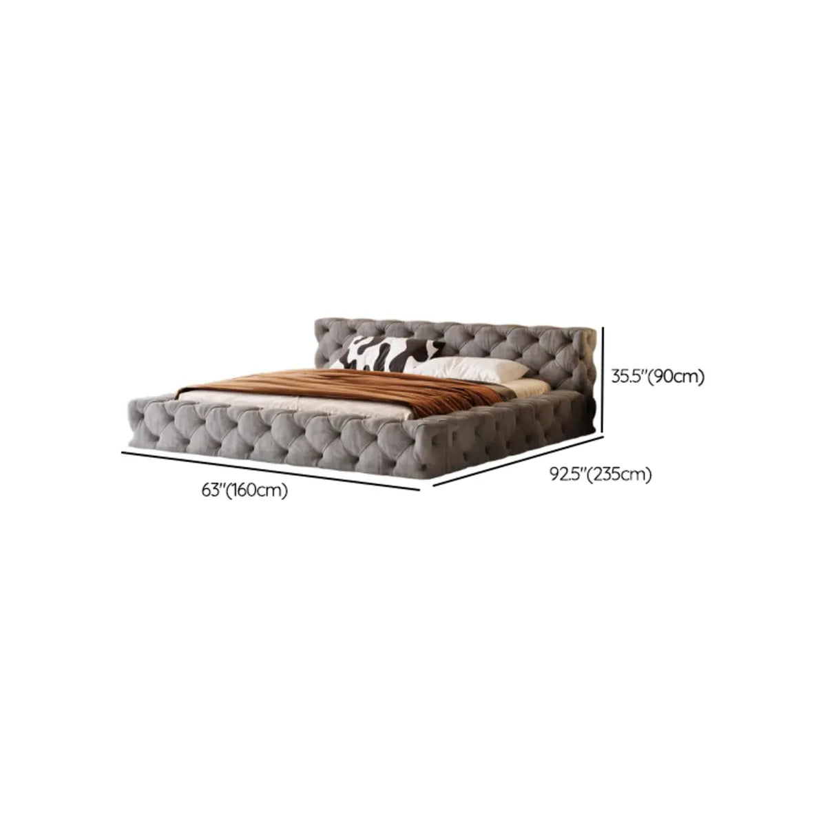 Grey Queen Panel Tufted Upholstered Low Platform Bed 