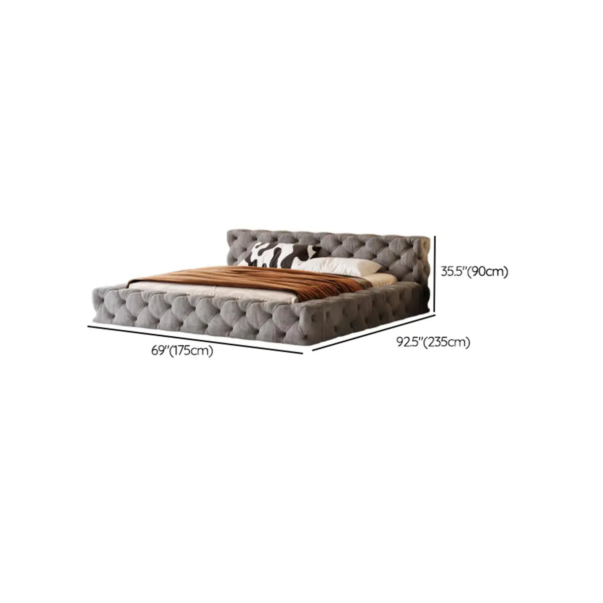 Grey Queen Panel Tufted Upholstered Low Platform Bed Image - 7