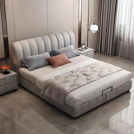 Grey Queen Upholstered Fabric Modern Panel Bed Frame Image - 1