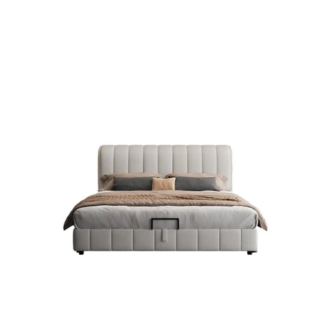 Grey Queen Upholstered Fabric Modern Panel Bed Frame Image - 2