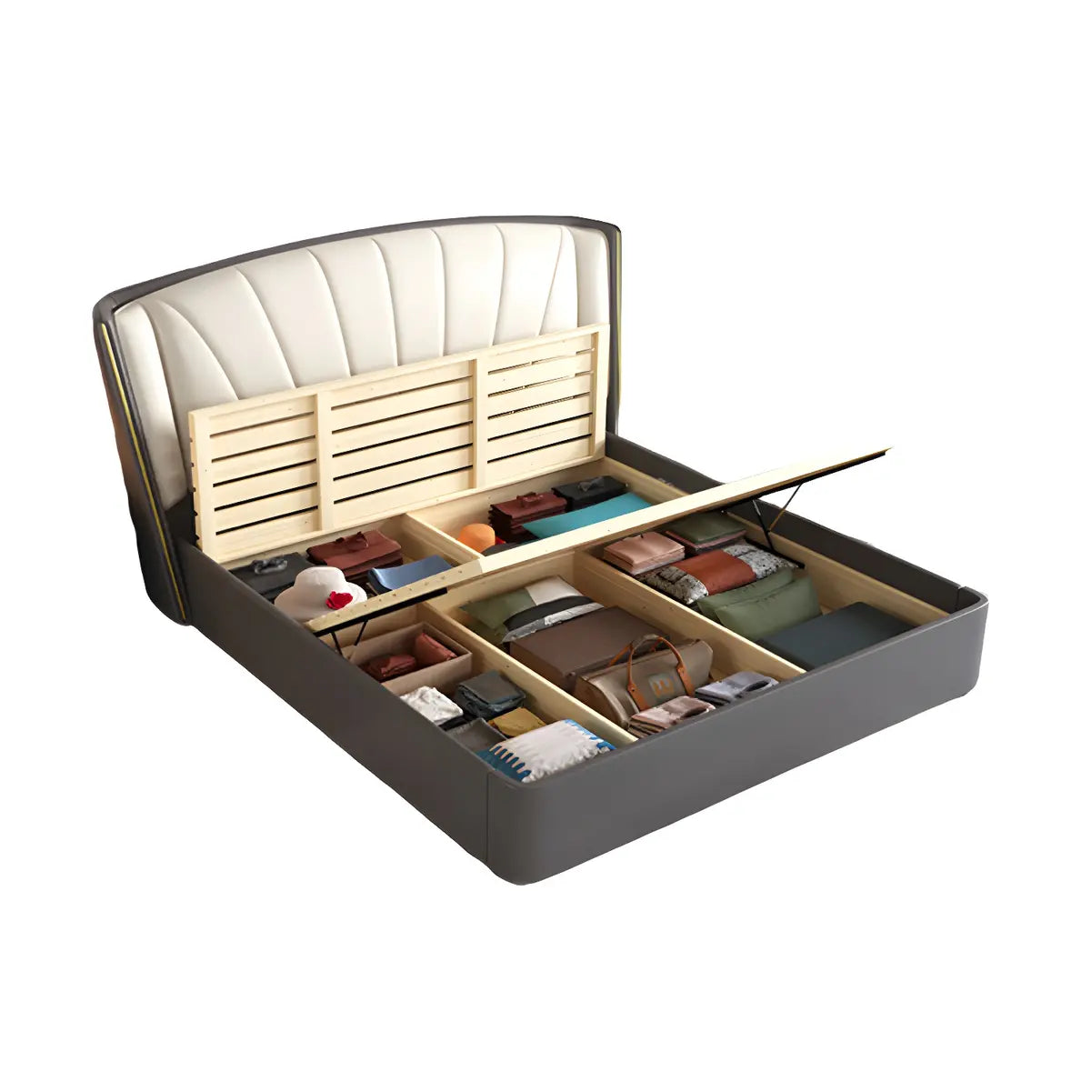 Grey Queen Wingback Leather Upholstered Storage Bed Image - 10
