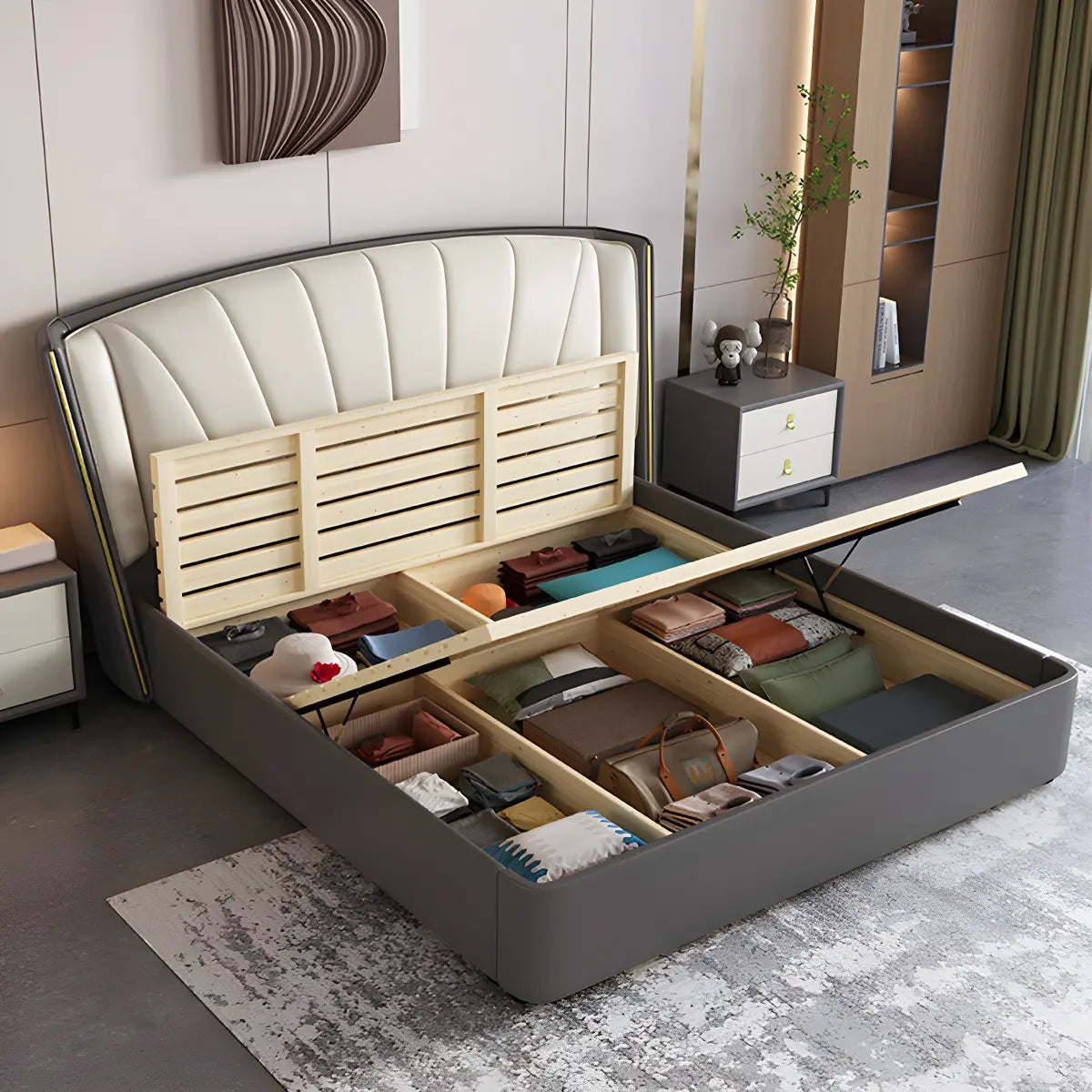 Grey Queen Wingback Leather Upholstered Storage Bed Image - 3