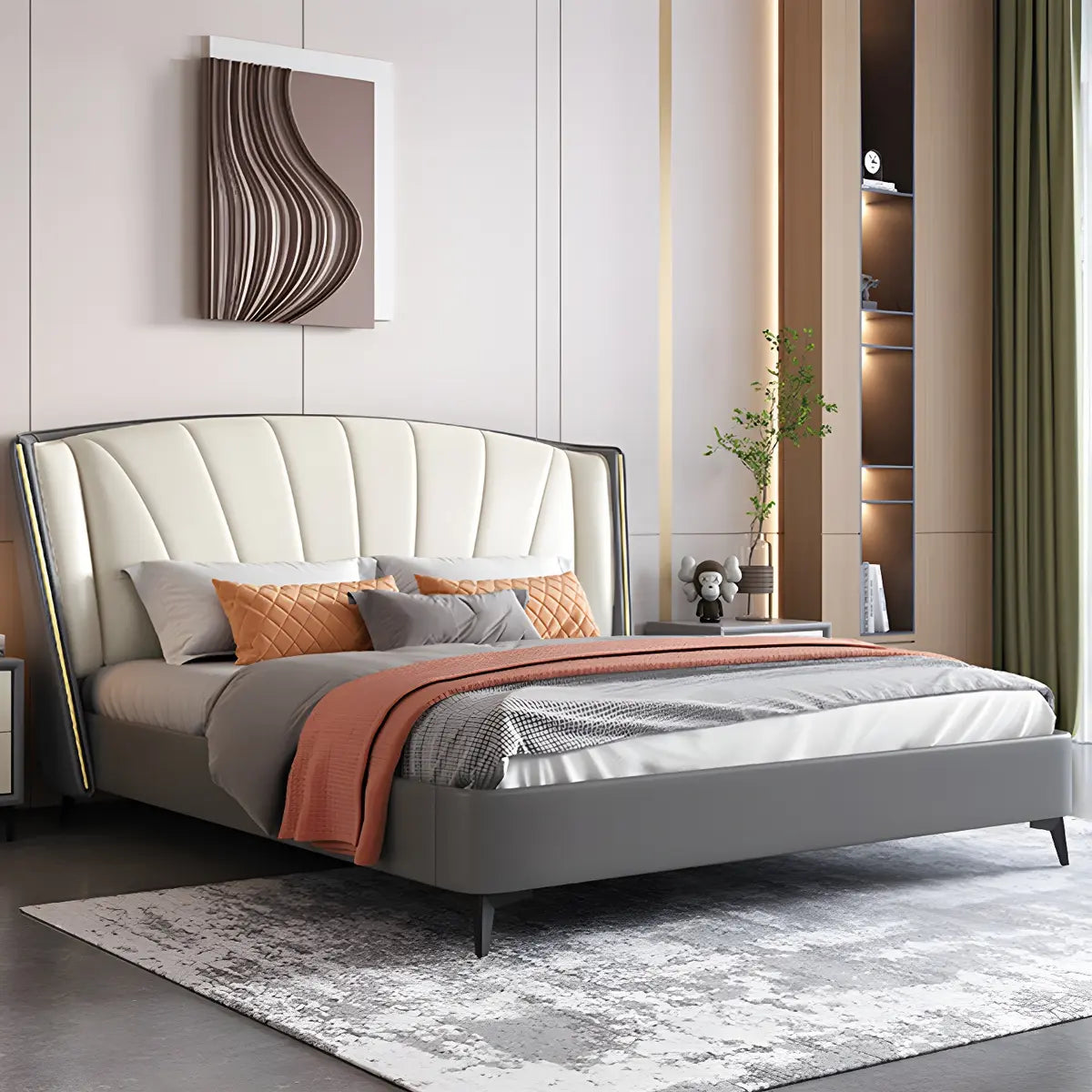 Grey Queen Wingback Leather Upholstered Storage Bed Image - 4