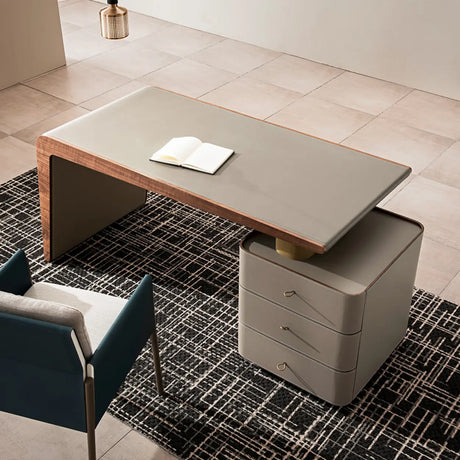 Grey Rectangle Leather Long Standard Writing Desk Image - 2