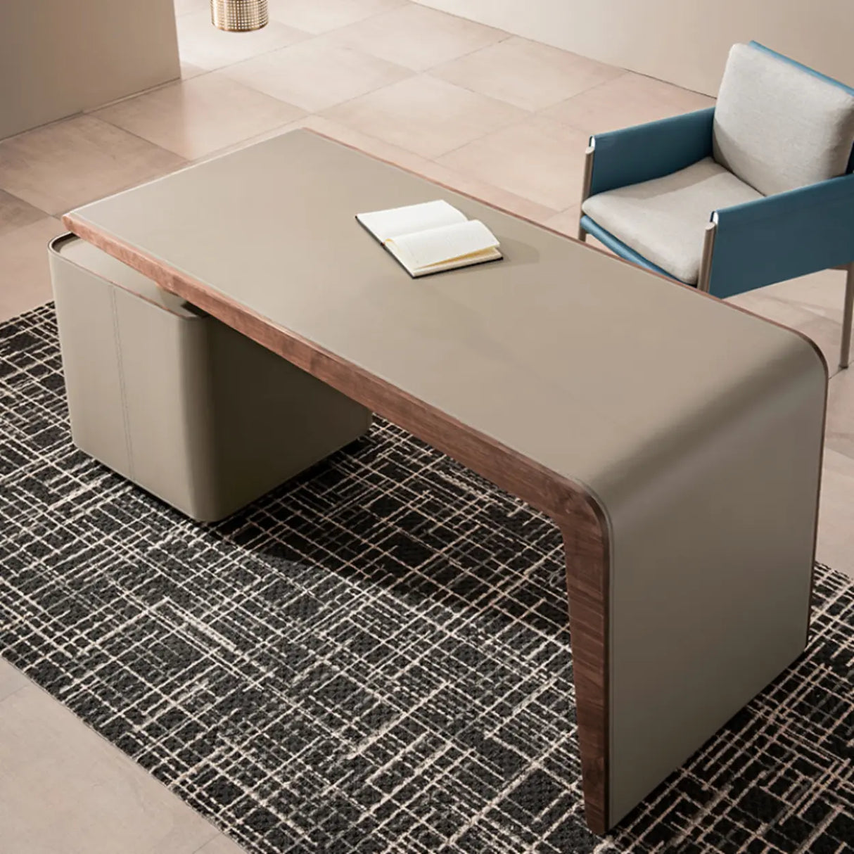 Grey Rectangle Leather Long Standard Writing Desk Image - 6