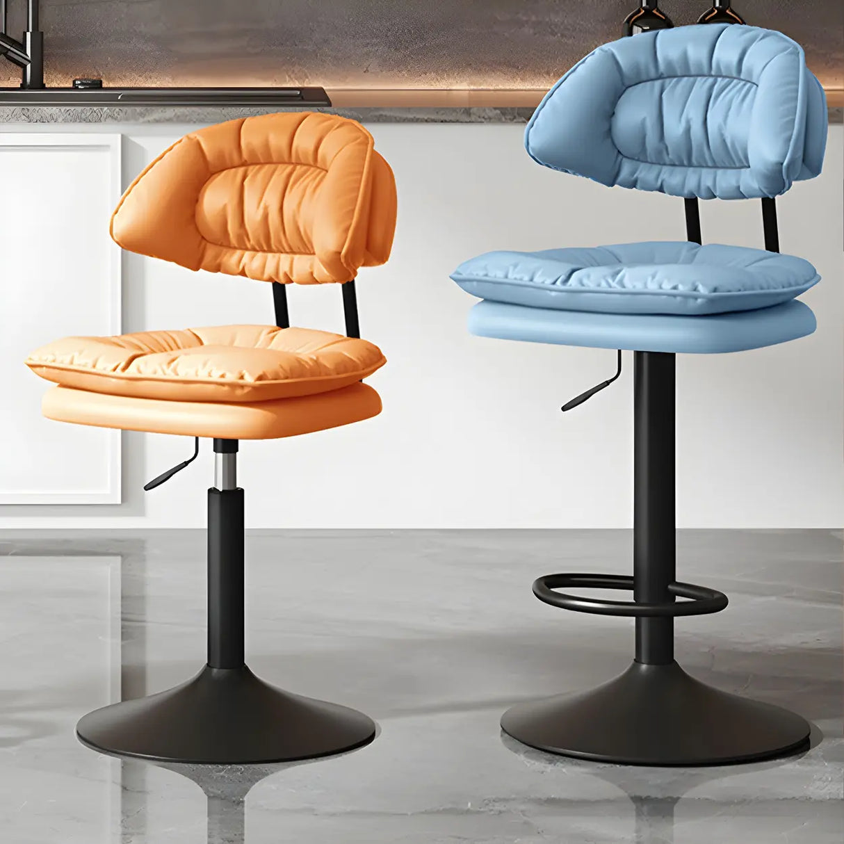 Grey Round Leather Adjustable Pedestal Swivel Bar Stool Image - 20