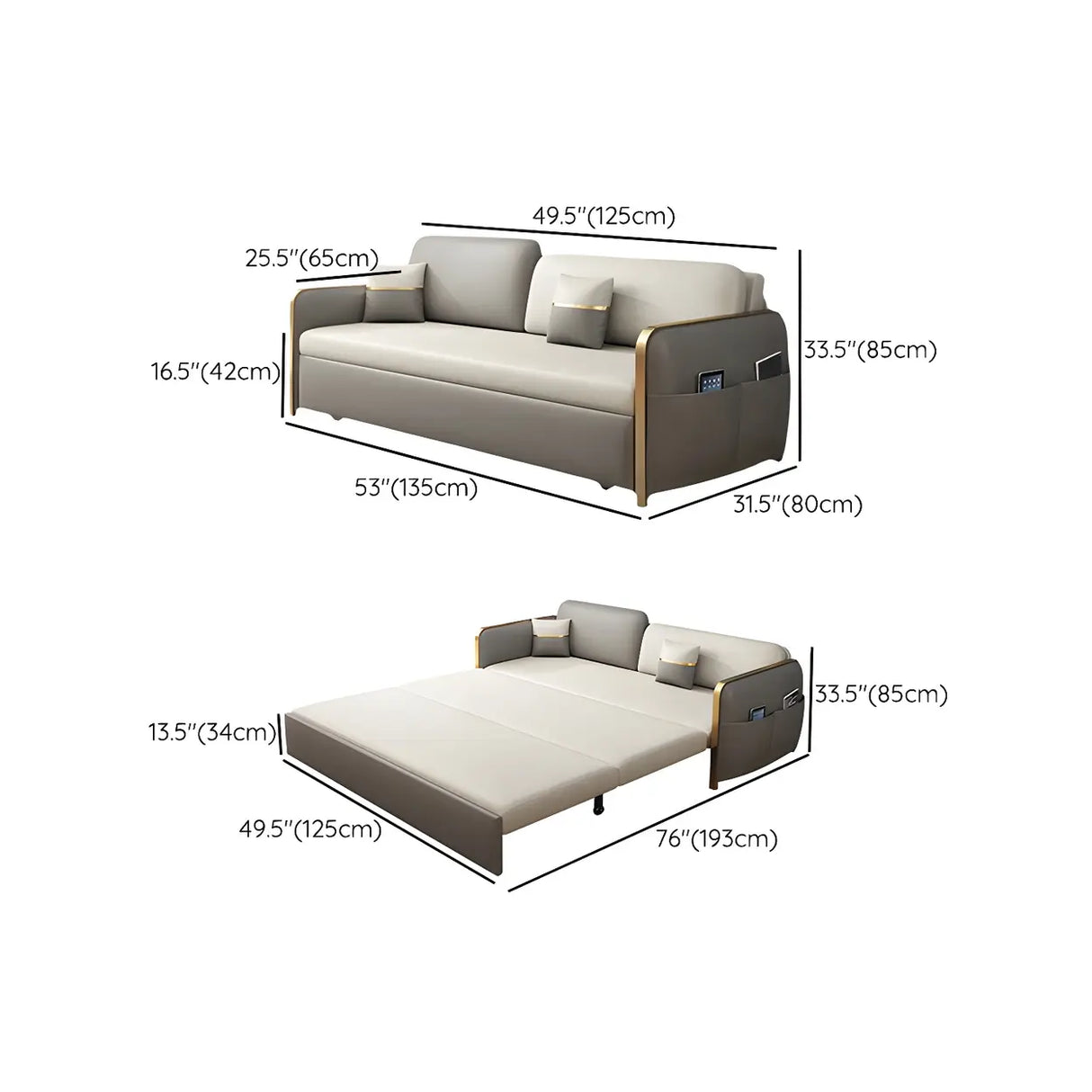 Grey Square Arm Faux Leather Storage Sleeper Sofa Bed 