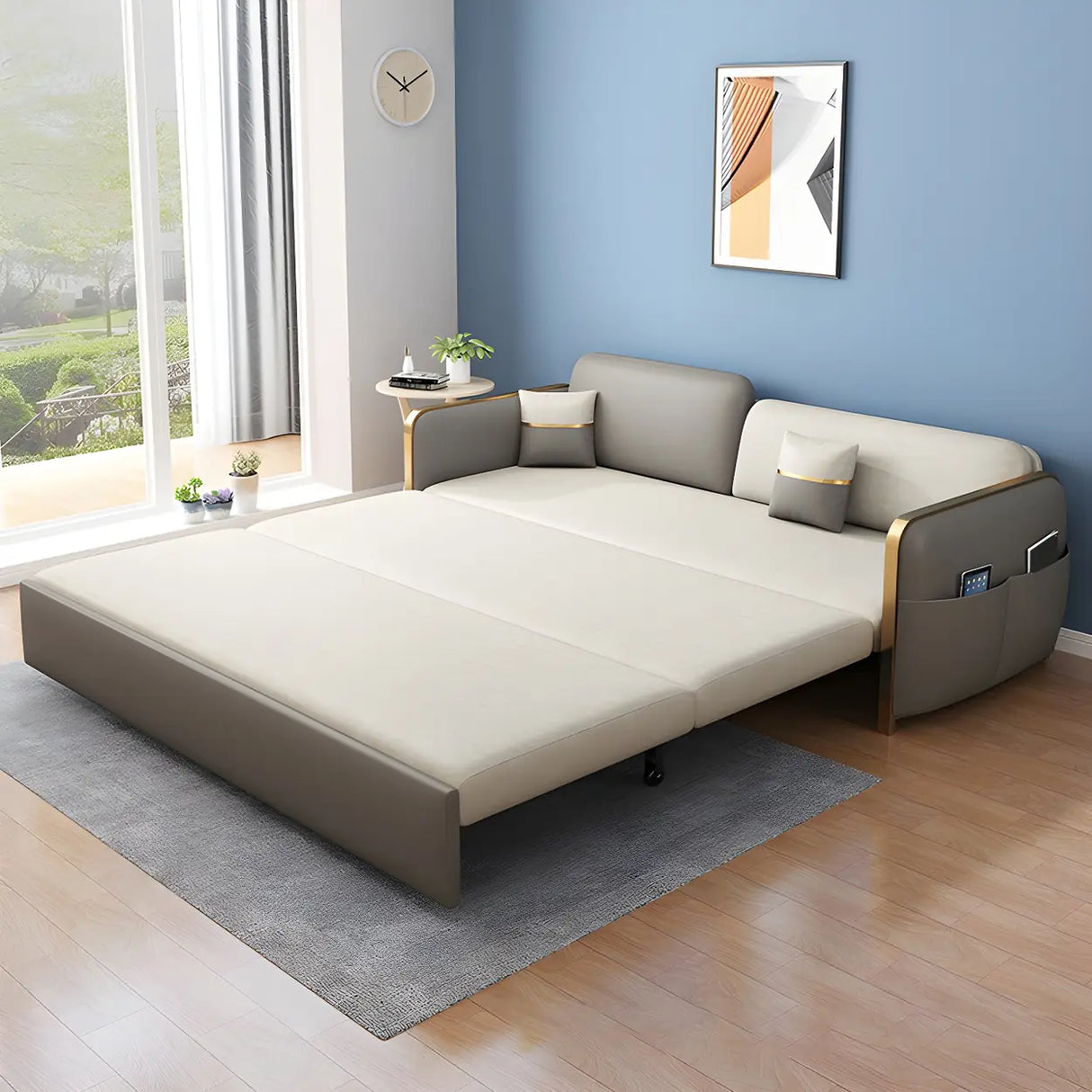 Grey Square Arm Faux Leather Storage Sleeper Sofa Bed Image - 3