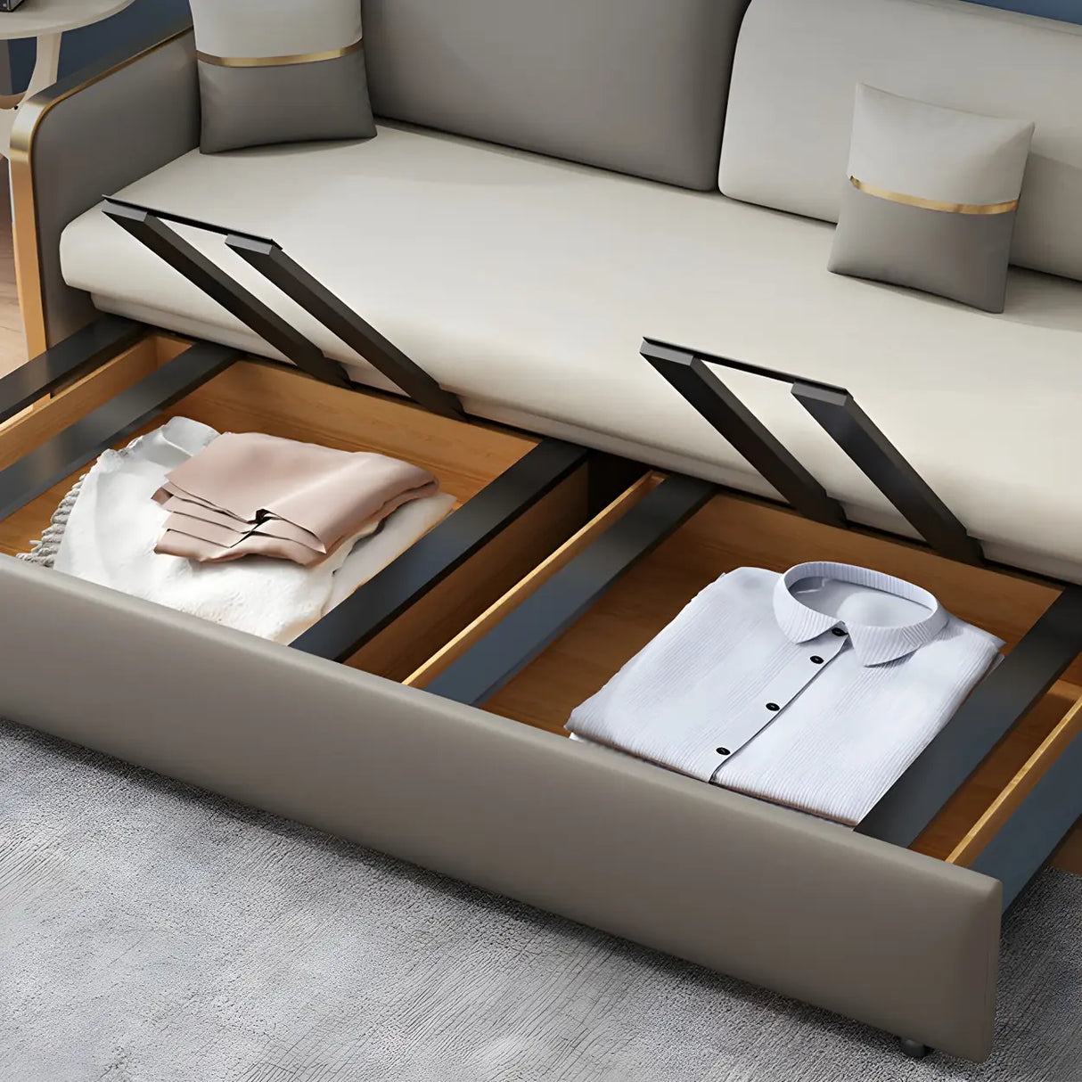 Grey Square Arm Faux Leather Storage Sleeper Sofa Bed Image - 9