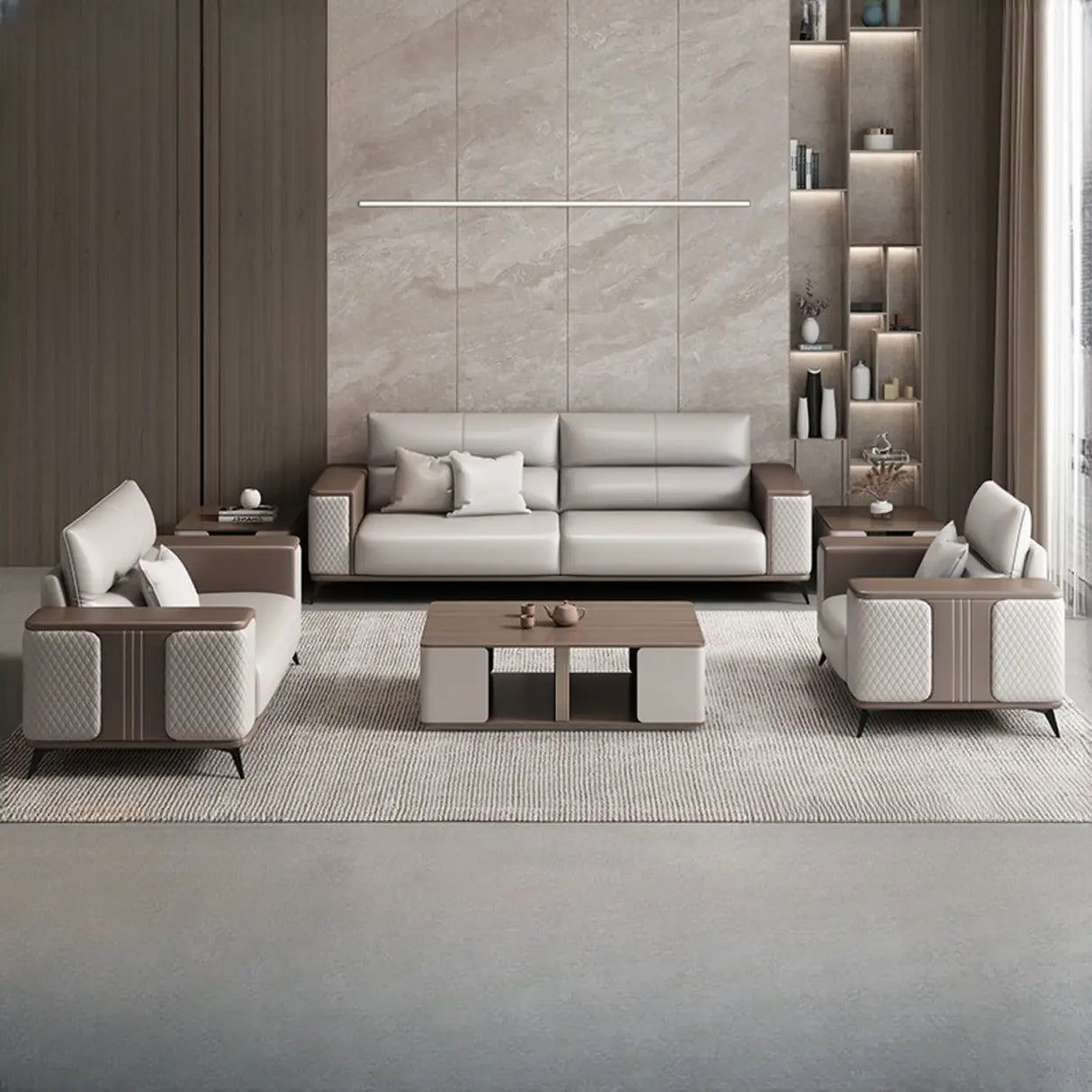 Grey Stain Resistant Leather Sewn Pillow Back Sofa Image - 1