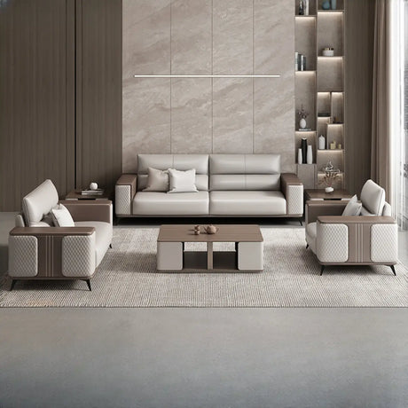 Grey Stain Resistant Leather Sewn Pillow Back Sofa Image - 1