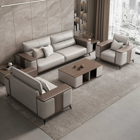 Grey Stain Resistant Leather Sewn Pillow Back Sofa Image - 2
